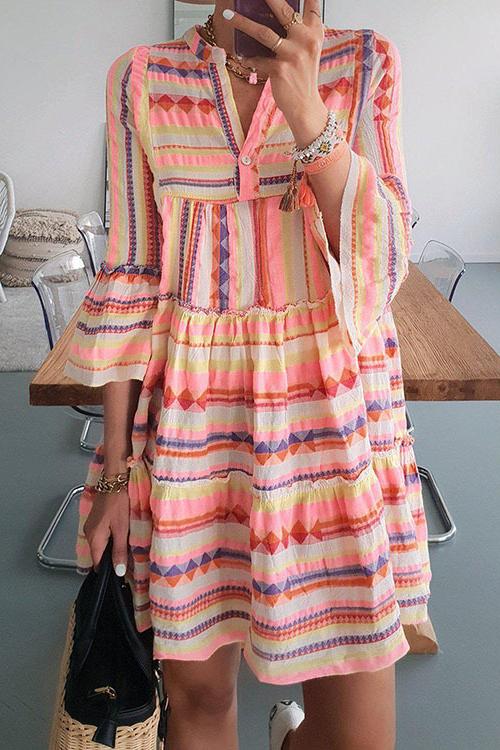 Colorful Stripe Flare Mini Dress - Fashionpara