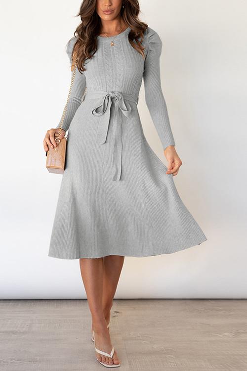 Swing O Neck Long Sleeve Midi Sweater Dress - Fashionpara