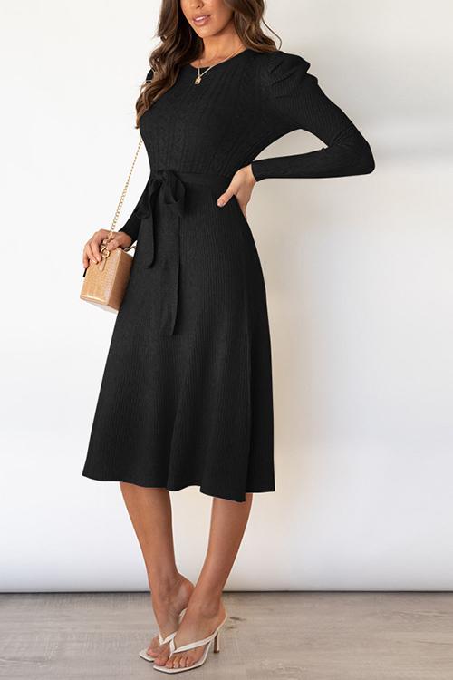 Swing O Neck Long Sleeve Midi Sweater Dress - Fashionpara