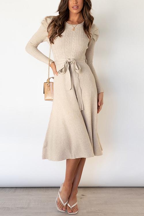 Swing O Neck Long Sleeve Midi Sweater Dress - Fashionpara