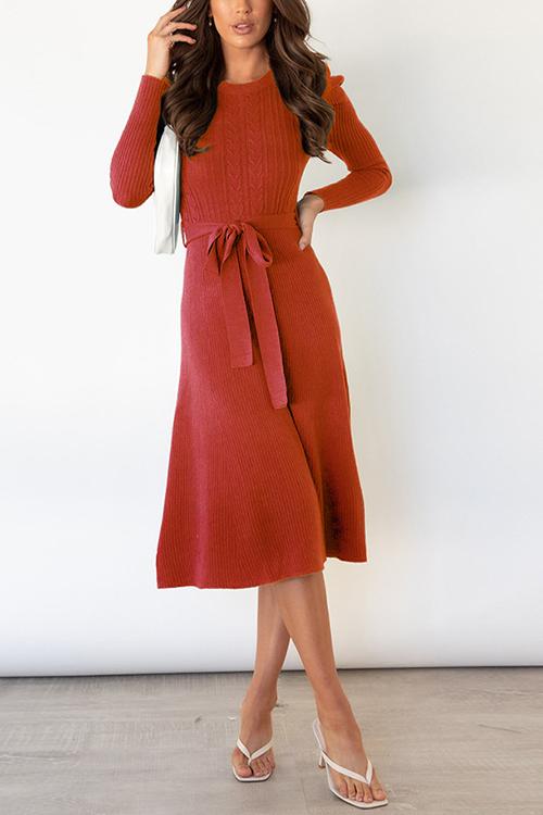 Swing O Neck Long Sleeve Midi Sweater Dress - Fashionpara