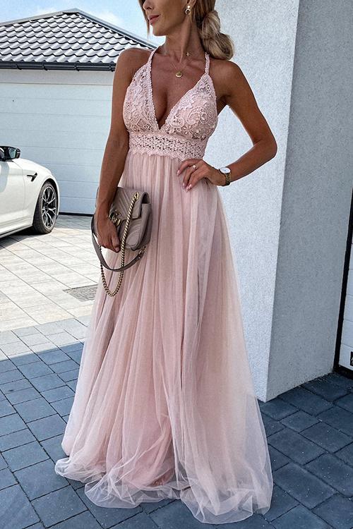 Lace Mesh Bow Backless Slip Maxi Dress - Fashionpara