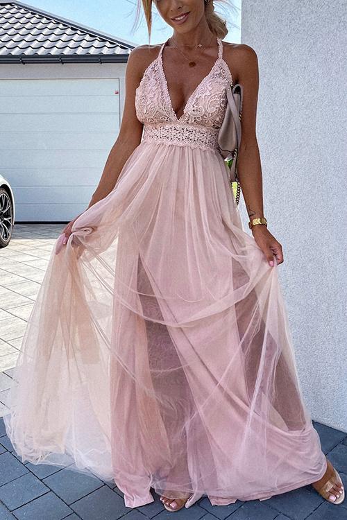 Lace Mesh Bow Backless Slip Maxi Dress - Fashionpara