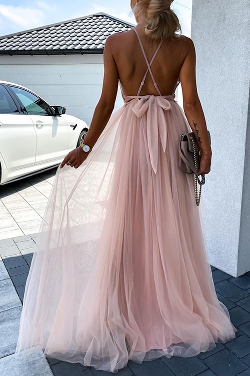 Lace Mesh Bow Backless Slip Maxi Dress - Fashionpara