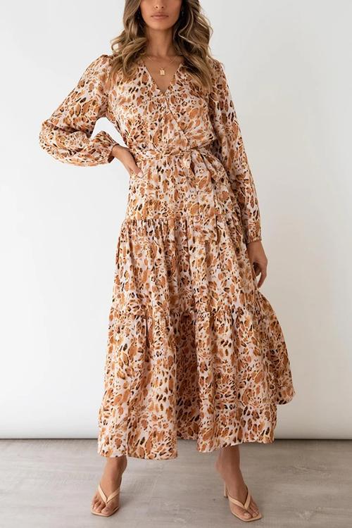 Print Belted Long Sleeve Maxi Dress - Fashionpara