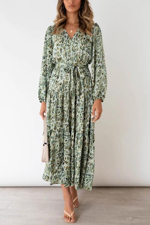 Print Belted Long Sleeve Maxi Dress - Fashionpara