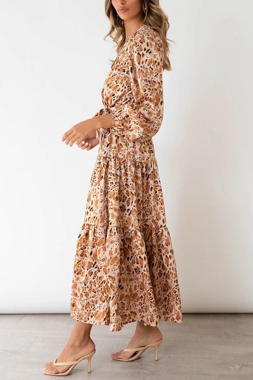 Print Belted Long Sleeve Maxi Dress - Fashionpara