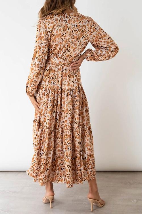 Print Belted Long Sleeve Maxi Dress - Fashionpara