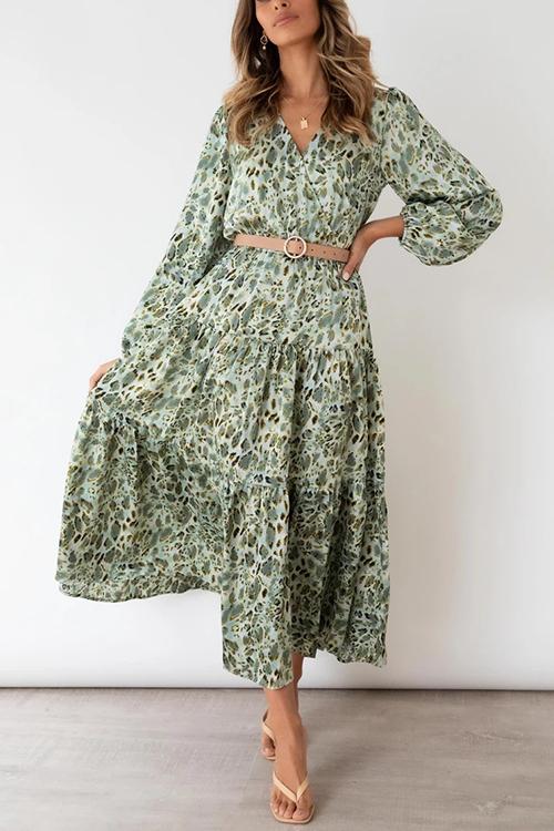 Print Belted Long Sleeve Maxi Dress - Fashionpara