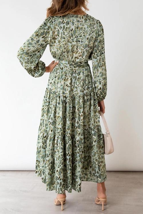 Print Belted Long Sleeve Maxi Dress - Fashionpara