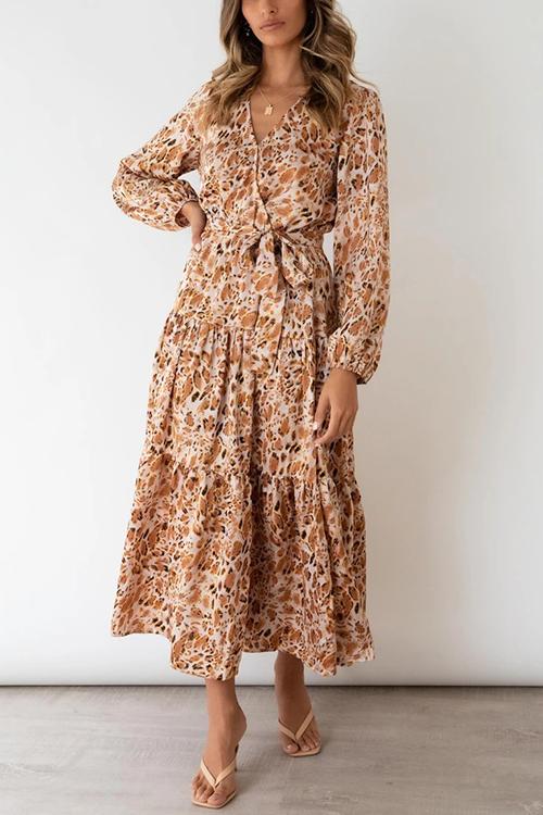 Print Belted Long Sleeve Maxi Dress - Fashionpara