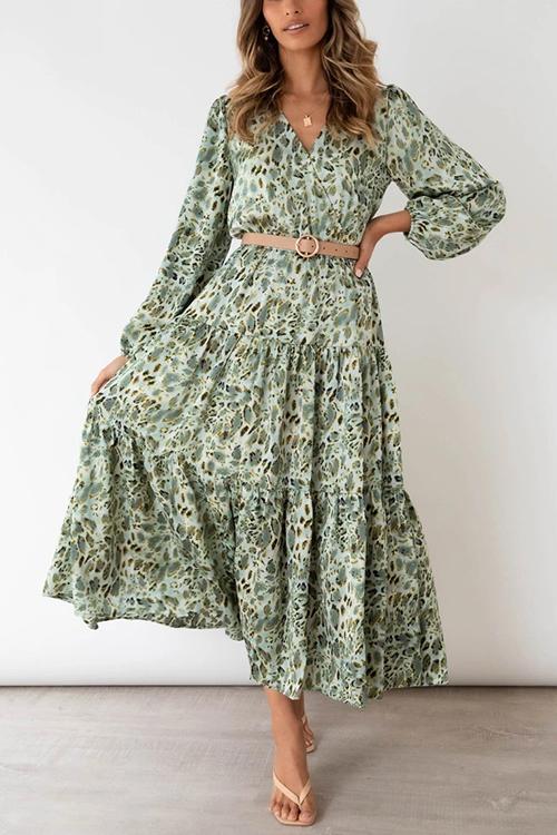 Print Belted Long Sleeve Maxi Dress - Fashionpara