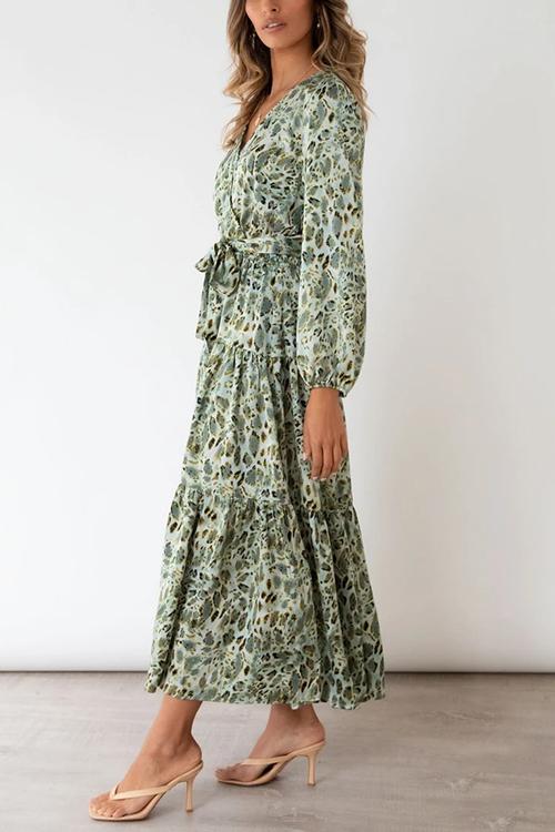 Print Belted Long Sleeve Maxi Dress - Fashionpara