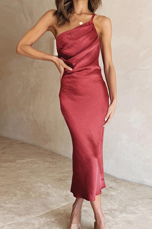 Ruched One Shoulder Slip Midi Dress - Fashionpara