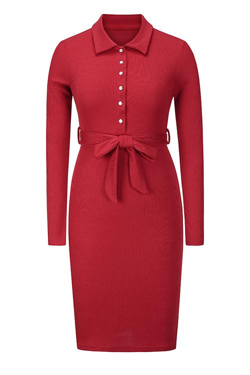 Button Knit Bleted Long Sleeve Slim Dress - Fashionpara