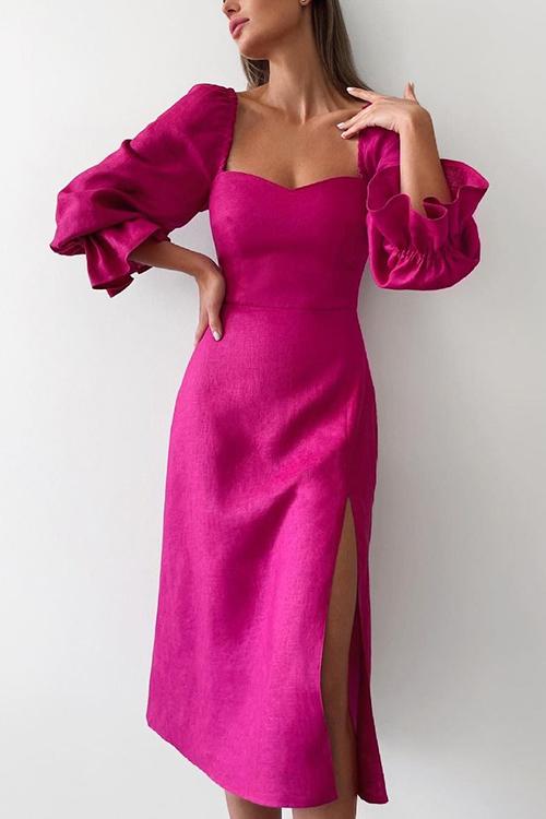 Rose Square Neck Slit Midi Dress - Fashionpara