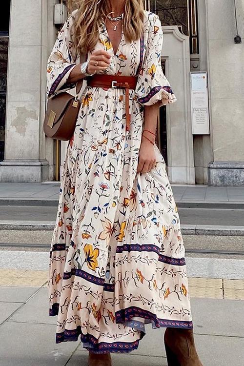 Floral Print Seven Sleeve Maxi Dress - Fashionpara