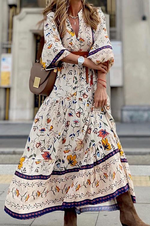 Floral Print Seven Sleeve Maxi Dress - Fashionpara