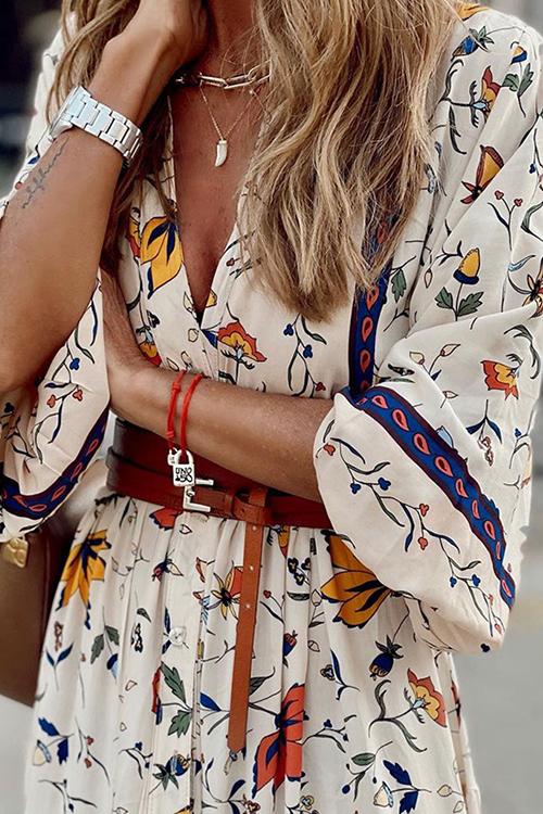 Floral Print Seven Sleeve Maxi Dress - Fashionpara