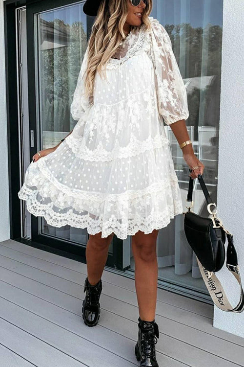 Layer Lace Round Neck Tunic Dresses - Fashionpara