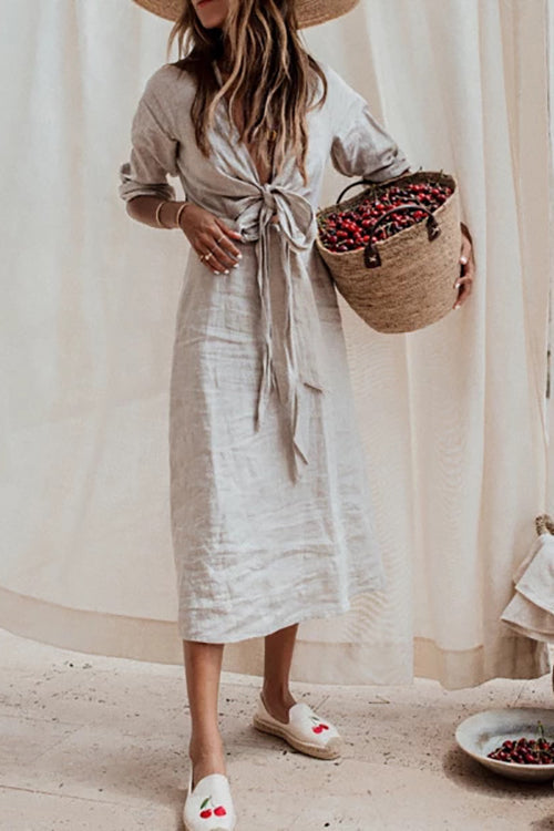 Knot V Neck Linen Dress - Fashionpara