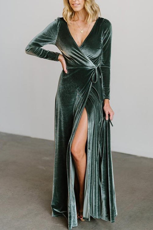 Velvet Long Sleeve Wrap Maxi Dress - Fashionpara