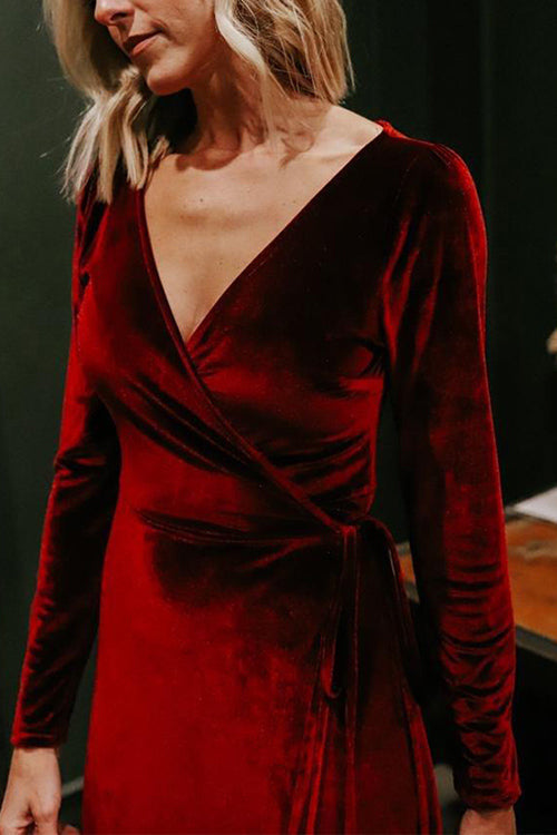 Velvet Long Sleeve Wrap Maxi Dress - Fashionpara