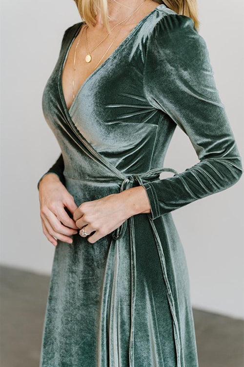 Velvet Long Sleeve Wrap Maxi Dress - Fashionpara