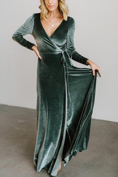 Velvet Long Sleeve Wrap Maxi Dress - Fashionpara