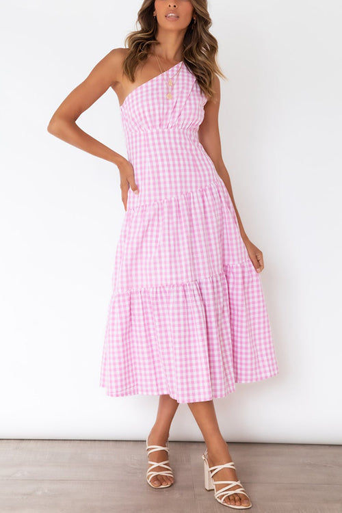 Plaid One Shoulder Layer Midi Dress - Fashionpara