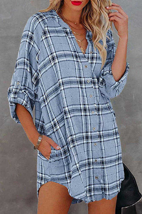 Plaid Pockets Button Up Shirt Dress - Fashionpara