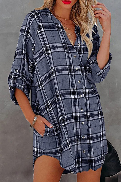 Plaid Pockets Button Up Shirt Dress - Fashionpara