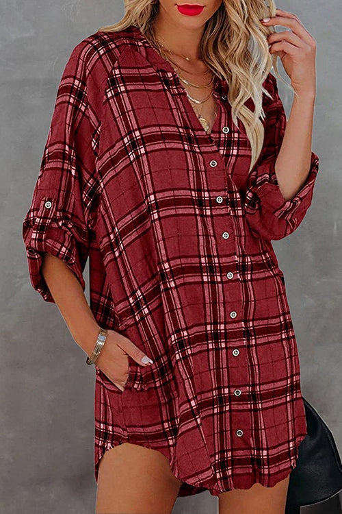 Plaid Pockets Button Up Shirt Dress - Fashionpara