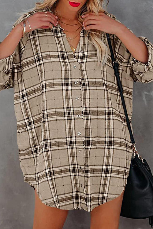 Plaid Pockets Button Up Shirt Dress - Fashionpara