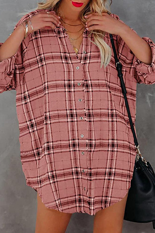 Plaid Pockets Button Up Shirt Dress - Fashionpara