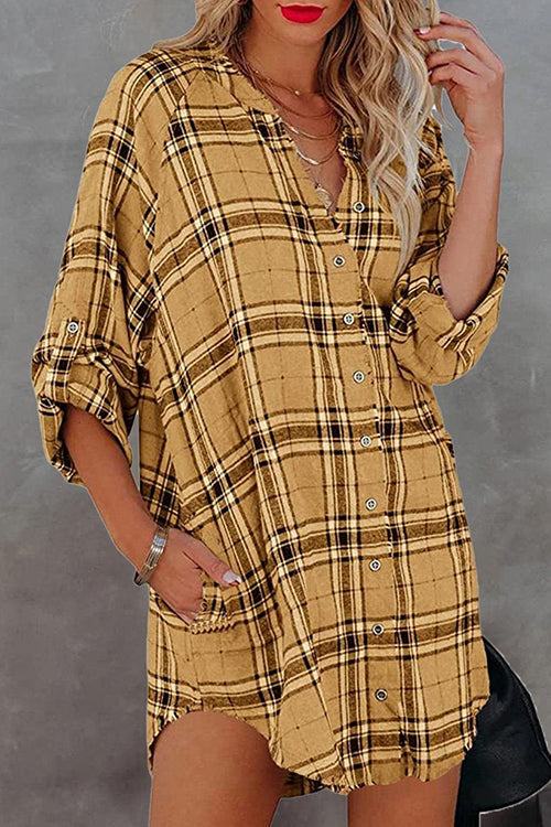 Plaid Pockets Button Up Shirt Dress - Fashionpara