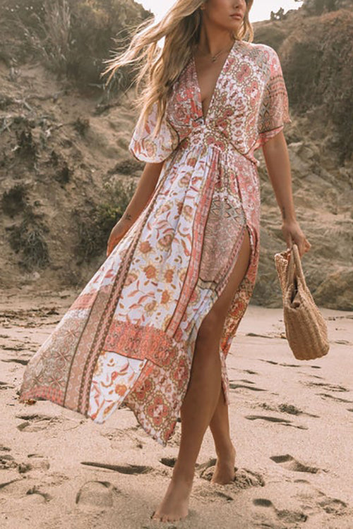 Boho Print Bat Slit Maxi Dress - Fashionpara