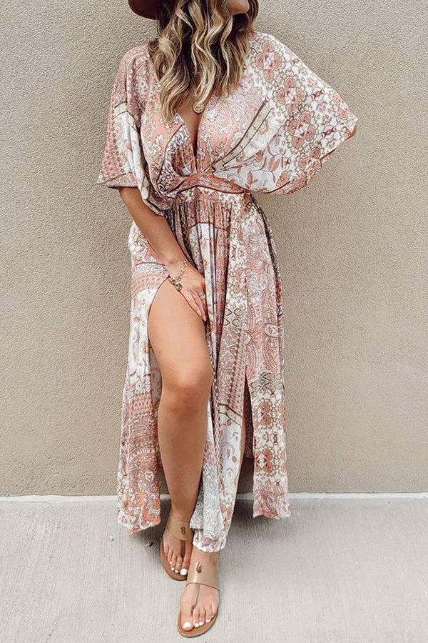 Boho Print Bat Slit Maxi Dress - Fashionpara