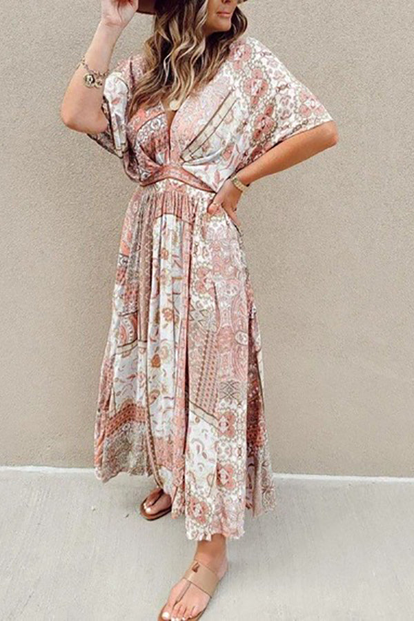 Boho Print Bat Slit Maxi Dress - Fashionpara