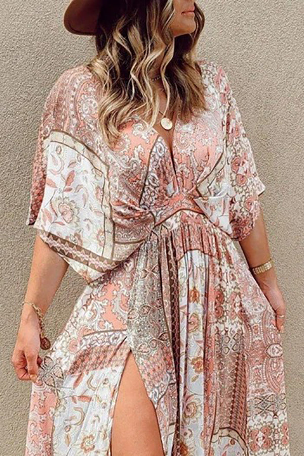 Boho Print Bat Slit Maxi Dress - Fashionpara