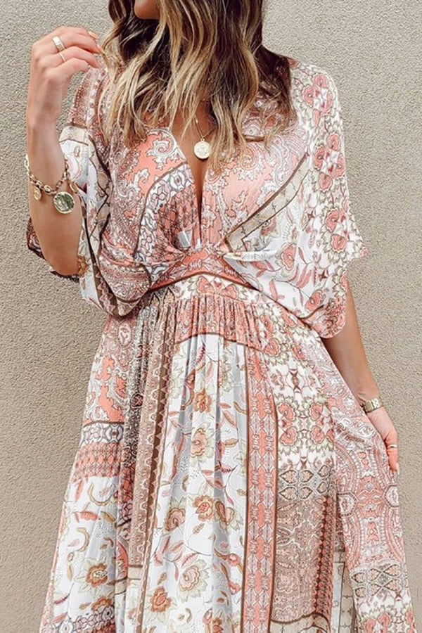 Boho Print Bat Slit Maxi Dress - Fashionpara