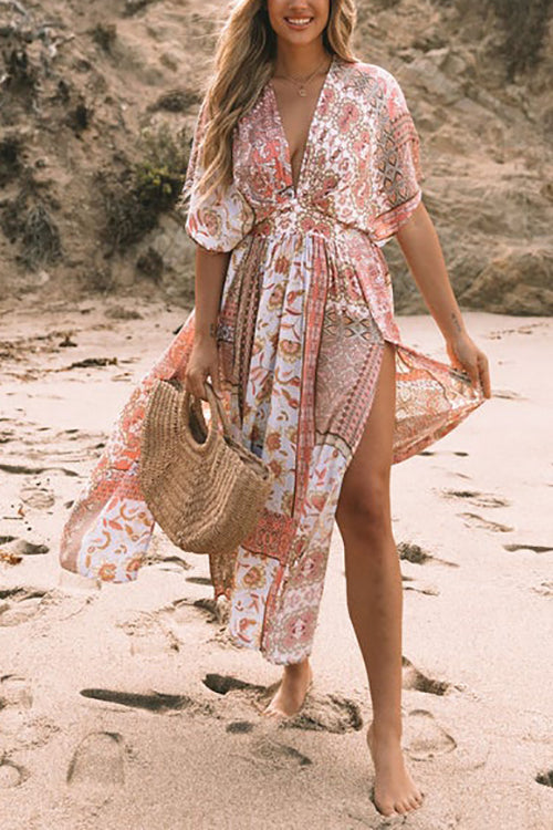 Boho Print Bat Slit Maxi Dress - Fashionpara