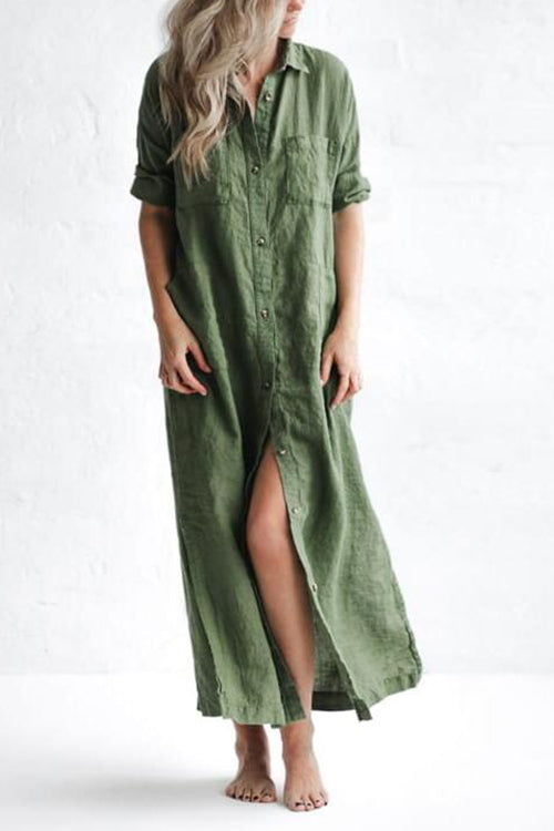 Linen Button Pockets Shirt Maxi Dress - Fashionpara