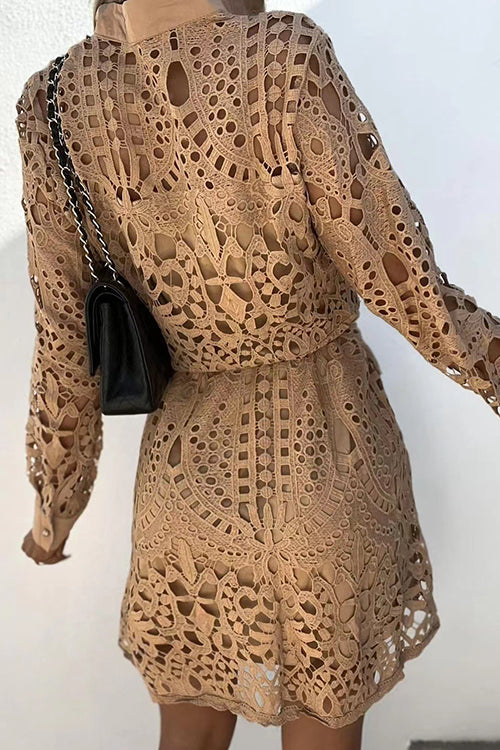 Hollow Lace Button Long Sleeve Shirt Dress - Fashionpara