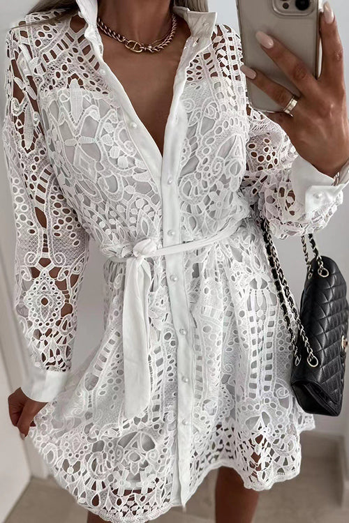 Hollow Lace Button Long Sleeve Shirt Dress - Fashionpara