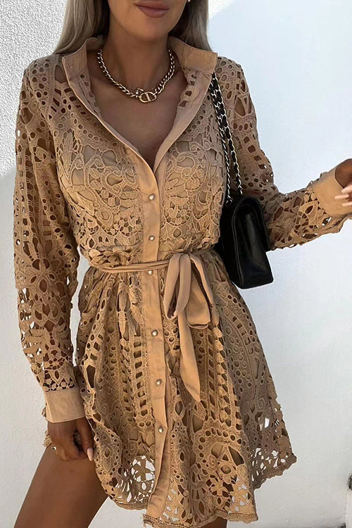 Hollow Lace Button Long Sleeve Shirt Dress - Fashionpara