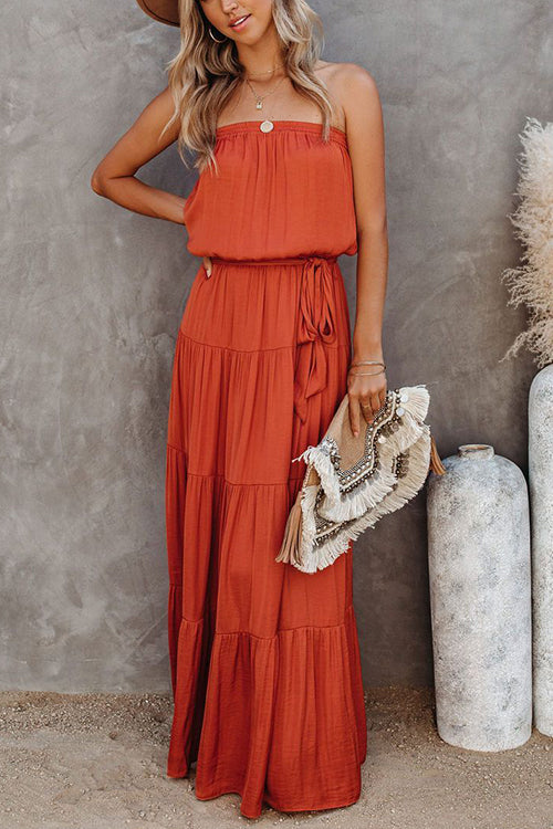 Strapless Belted Maxi Dress - Fashionpara