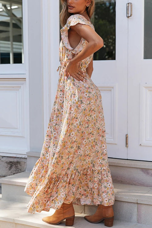 Button Ruffles Floral Drawstring Maxi Dress - Fashionpara