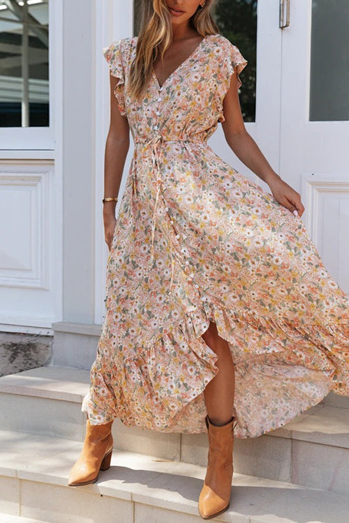 Button Ruffles Floral Drawstring Maxi Dress - Fashionpara