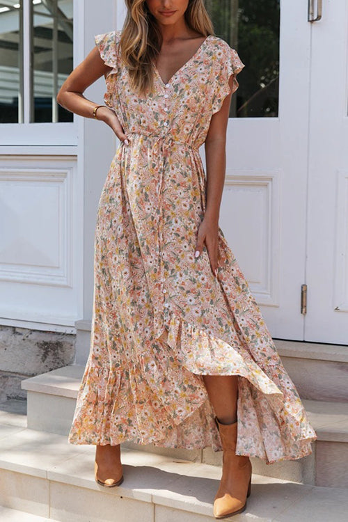 Button Ruffles Floral Drawstring Maxi Dress - Fashionpara